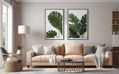 Mock up poster frame in home interior background, Modern style living room, 3D render