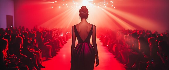 A fashion model walks down the runway in a glamorous red dress, illuminated by spotlights.