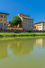 View of the architecture of the beautiful city of Florence in Italy from the Arno River
