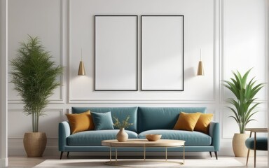 Mock up poster frame in home interior background, Modern style living room, 3D render