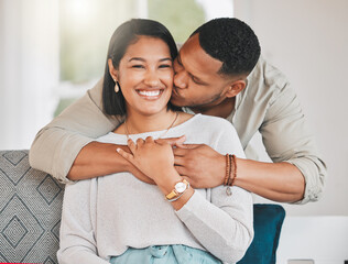 Couple, portrait and kiss in home, happiness and love in relationship for weekend romance, People,...