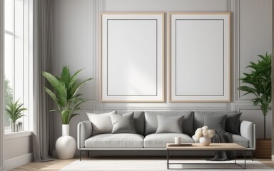 Mock up poster frame in home interior background, Modern style living room, 3D render