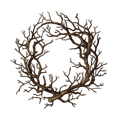 Wooden round wreath of dry branch. Hand drawn Halloween frame template with dead brown bush in cartoon style. Perfect for autumn label and spooky season designs