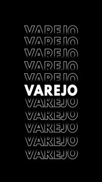 Anima&ccedil;&atilde;o vertical com a palavra 'varejo' multiplicada e contornada em branco sobre fundo preto com efeito glitch.
