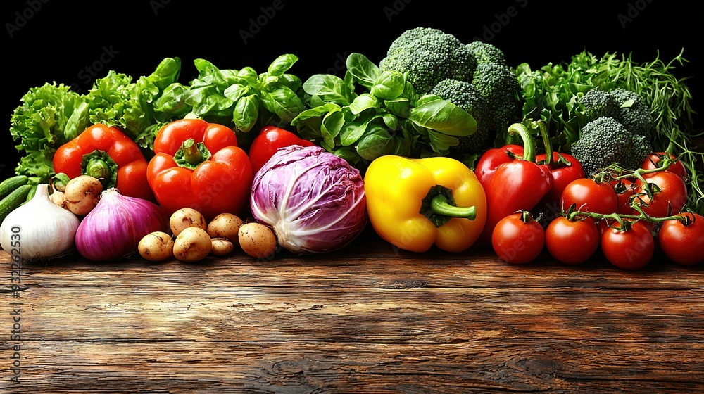 Wall mural  Vegetables on wooden table with broccoli and others