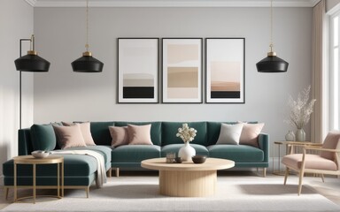 Mock up poster frame in home interior background, Modern style living room, 3D render