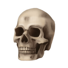 Human skull realistic skeleton in cartoon style. Hand drawn dark Halloween decor of scary dead head bone illustration. Isolated drawing for autumn graphic and spooky season designs.