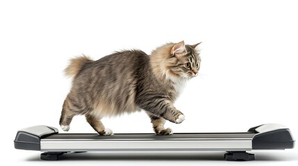 A fluffy gray and white cat walks on a treadmill, a humorous image of pet fitness.