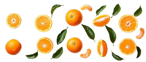 Set of isolated Oranges, orange slices, orange leaves. on transparent background. cut elements, designs. Top view high quality PNG." design elements, top view / flat lay.	
