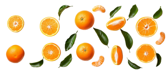 Set of isolated Oranges, orange slices, orange leaves. on transparent background. cut elements, designs. Top view high quality PNG." design elements, top view / flat lay.	

