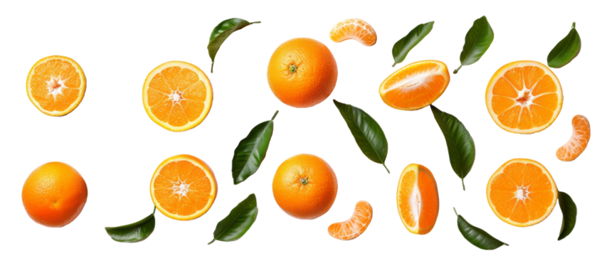 Set of isolated Oranges, orange slices, orange leaves. on transparent background. cut elements, designs. Top view high quality PNG." design elements, top view / flat lay.