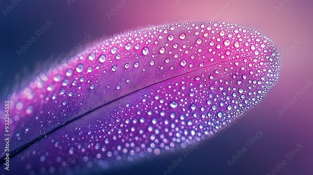 Poster close-up shot of a purple feather with droplets of water on the feathers feathers are adorned with w