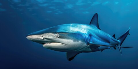 Naklejka premium Close up of a majestic blue shark displaying an elegant and proud gaze as it swims deep in the ocean