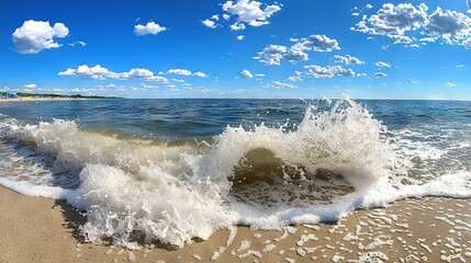 Fototapeta premium A wave crashes onto a beach under a blue sky with white clouds above