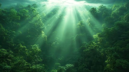mystical twilight rainforest ethereal sun beams pierce dense canopy lush emerald foliage misty atmosphere hyperdetailed 3d rendering fantasy ambiance