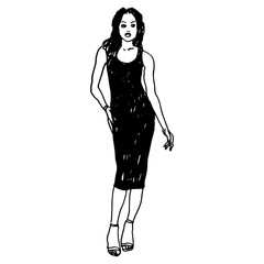 Standing pretty woman wearing small dress. Female portrait. Black and white silhouette.