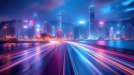 Fototapeta premium neonlit cityscape at night with light trails from vehicles creating vibrant streaks of color reflecting off sleek skyscrapers