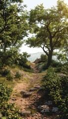 Fototapeta premium Mountain trail summer landscape with trees and clear skies on transparent background