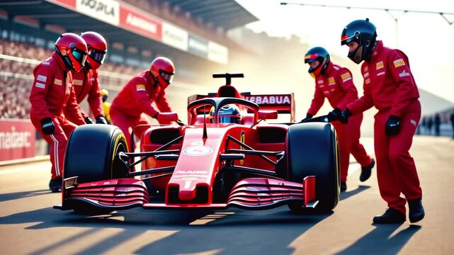 Formula 1 Pit Crew in Action: Expert Mechanics in Red Uniforms Service a Red Race Car During a Pit Stop. Teamwork, Speed, and Precision.