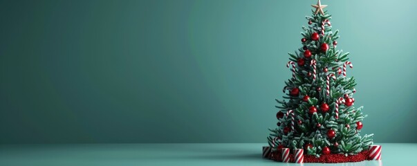 Christmas tree with candy canes, Close-up, 3D Blender Style, Cute Minimal style, isolated on green background, with space for text