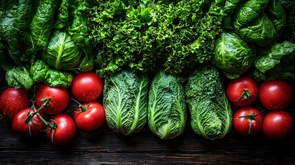   Various vegetables on a wooden table with green leaves and red tomatoes and lettuce