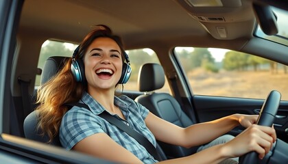 Naklejka premium Overjoyed woman tourist enjoying car ride alone, listening to music while driving car