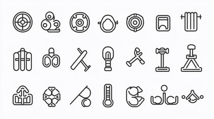 Obraz premium A collection of 100 pictograms in line style, featuring a gym theme. The icons are designed in black and white, capturing various aspects of sport and gym with clean, simple lines.