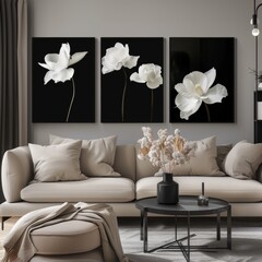 Elegant canvases with delicate white flowers on a sleek black background, exuding sophistication