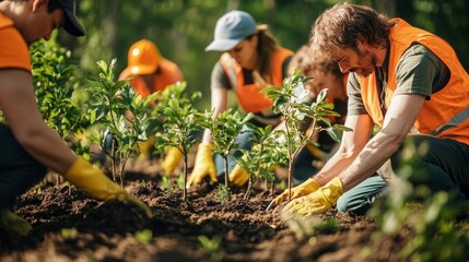 An image of workers planting trees during a Labor Day community service event, symbolizing growth, unity, and a sustainable future