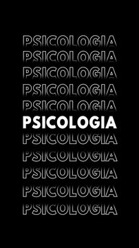 Anima&ccedil;&atilde;o vertical com a palavra "psicologia" em branco com contorno branco sobre fundo preto, repetida e multiplicada verticalmente com efeito glitch.