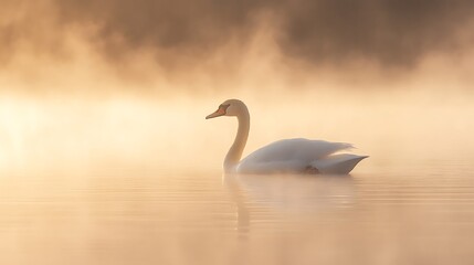 Fototapeta premium A graceful white swan swims through a misty lake at dawn, illuminated by the warm glow of the rising sun.