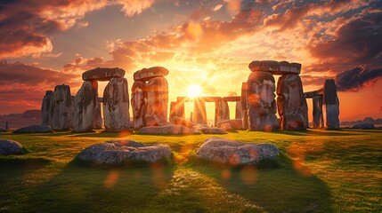 A stunning sunset view of Stonehenge, highlighting ancient stones against a vibrant sky.