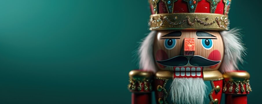 Christmas nutcracker toy, Close-up, 3D Blender Style, Cute Minimal style, isolated on green background, with space for text