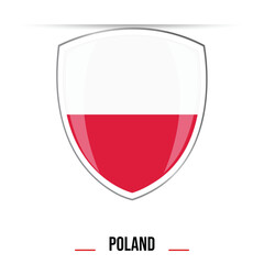 Poland flag shield shape 3d button glossy and shiny vector illustration isolated on white background for national day of Poland 11 November celebration. Made in Poland badge flag.