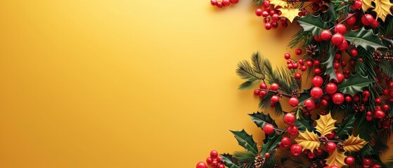 Christmas garland, Close-up, 3D Blender Style, Cute Minimal style, isolated on yellow background, with space for text