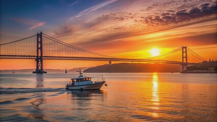 Fototapeta premium Sunset over Tagus river in Lisbon with suspension bridge and boat , Lisbon, Portugal, Tagus river, sunset, suspension bridge