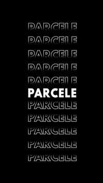 V&iacute;deo com a palavra "parcele" em branco sobre fundo preto com efeito glitch, se multiplicando verticalmente.