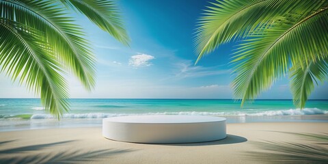 Fototapeta premium podium with copy space for product display on palm beach background, tropical, summer, vacation, podium, mockup, display, presentation