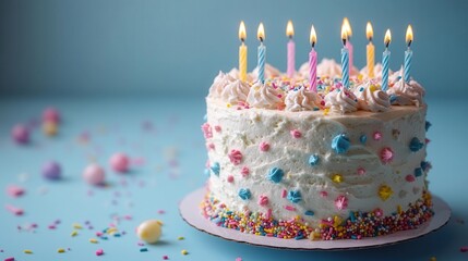 pastel blue backdrop with a decadent birthday cake adorned with colorful candles and sprinkles creating a joyful celebration scene