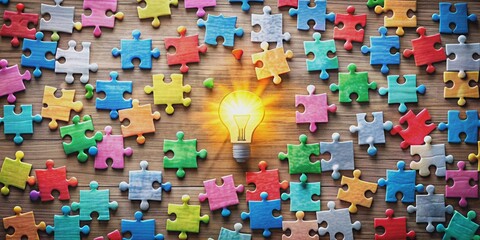 of a brainstorming session with puzzle pieces coming together, leading to a creative idea for a wallpaper design, brainstorm