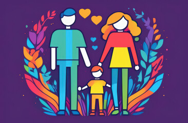 Two parents and children design element. International Family Equality Day vector illustration. 
 Tolerance day. Abstract LGBT family holding hands vector. 