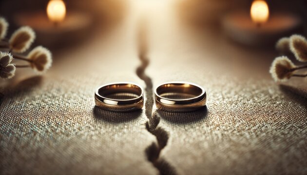 Two wedding rings on a split surface symbolizing separation and broken relationships