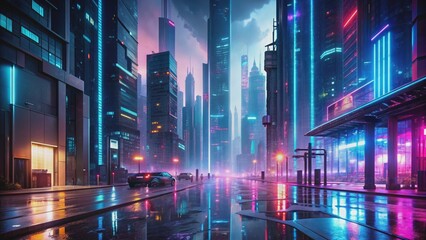 Obraz premium Futuristic cityscape of cyberpunk metropolis with neon lights reflecting on wet streets, cyberpunk, urban, city