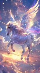 Obraz premium A stunning unicorn with wings gracefully flies amongst colorful clouds at sunset, radiating ethereal beauty