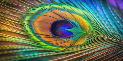 Obraz premium Vibrant close-up of peacock feather showcasing intricate patterns and colors, peacock, feather, vibrant, close-up, detailed
