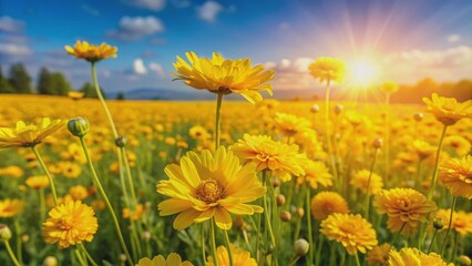 Obraz premium Field of beautiful yellow flowers blooming on a sunny day , nature, floral, outdoors, vibrant, colorful, meadow, landscape, scenery