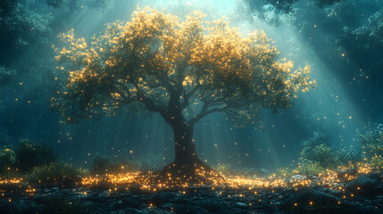 Big huge tree with magic With glowing particles	