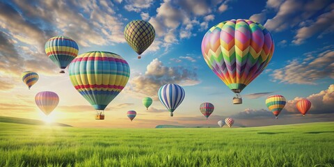 Colorful origami hot air balloons flying in a field cut wallpaper sky, hot air balloon, origami, field cut, wallpaper