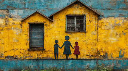 Family figures against the background of a house