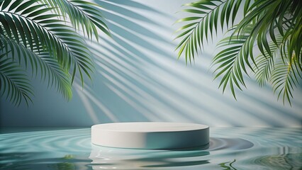Fototapeta premium Empty round podium surrounded by wavy water and palm leaves casting a shadow, perfect for a summer cosmetic template, summer, cosmetic